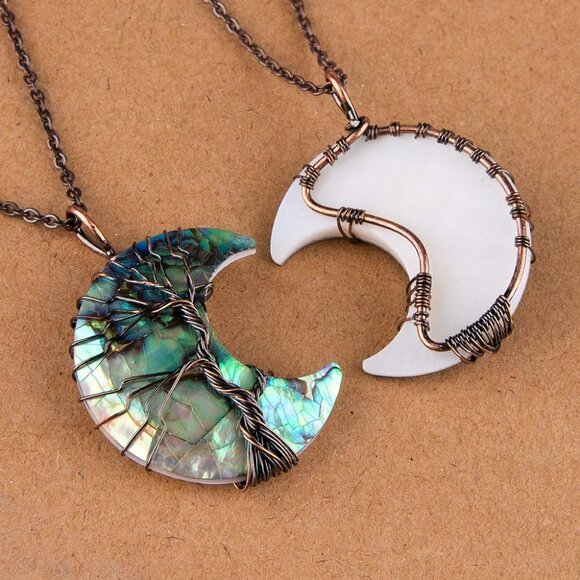 Life Tree Crescent Moon Necklaces for Women, Copper Wire Wrap Gemstones Pendant - Picture 2 of 8